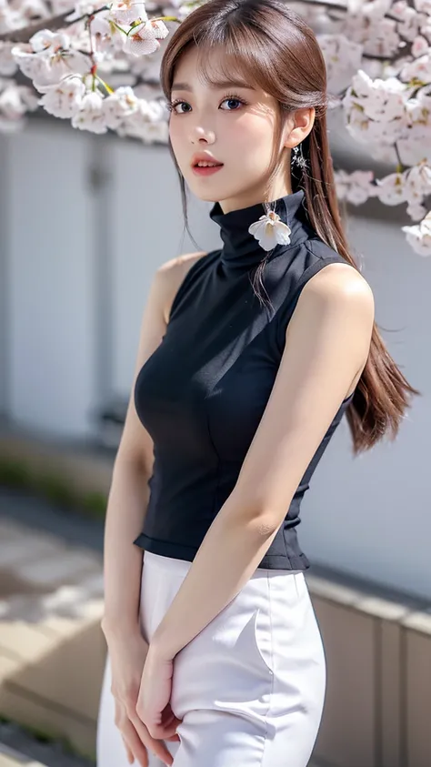 (((white cherry blossom))),(detailed face),(crotch),normal breasts,pretty,sleeveless and turtle neck white silky clothes,4k ,super high resolution ,(photo-realistic: 1.7),gray background,black long hair,