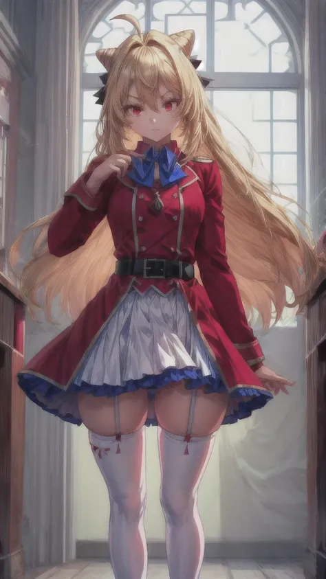 ((Best Quality)), ((Masterpiece)), (detailed), (full body view), {Terakomari Gandesblood}, {1girl, Alone, long hair, blonde hair, cone hair bun, hair ornament, hair intakes, Ahoge, bangs, red eyes, blue bowtie, red jacket, red coat, long sleeves, belt, whi...