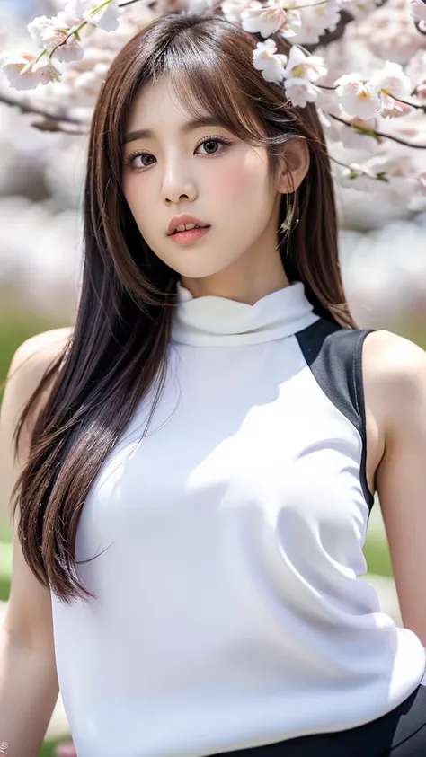 (((white cherry blossom))),(detailed face),(crotch),normal breasts,pretty,sleeveless and turtle neck white silky clothes,4k ,super high resolution ,(photo-realistic: 1.7),white background,black long hair,