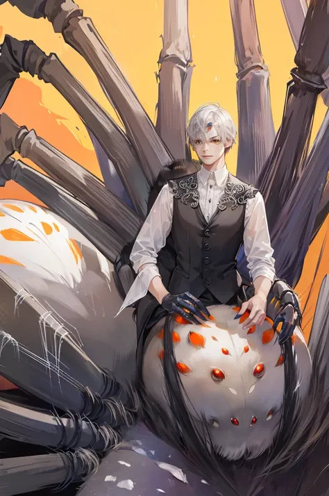 (arachne:1.3), arthropod limbs, 1man, manly (adult male:1.2), bust, (solo), grey hair, short hair, fair skin,white, morbid, smirk, solo, orange eyes, handsome, forest background