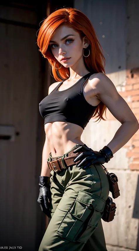 (Muscular), (thick thighs), 
long orange-red hair, green eyes, confident expression, pale skin,
eyeshadow, earrings,
detailed eyes, big smile, detailed skin,
small breasts, hard nipples,
(black crop top, black gloves, brown belt, green cargo pants),
upper ...