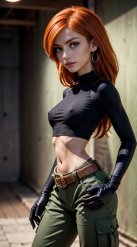 (Muscular), (thick thighs), 
long orange-red hair, green eyes, confident expression, pale skin,
eyeshadow, earrings,
detailed eyes, big smile, detailed skin,
small breasts, hard nipples,
(black crop top, black gloves, brown belt, green cargo pants),
upper ...