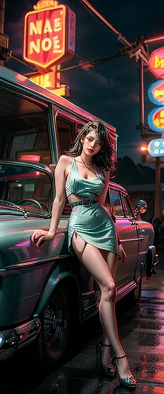 ((masterpiece, highest quality, Highest image quality, High resolution, photorealistic, Raw photo, 8K)), arafed view of a motel with a car parked in front of it, with neon signs, A woman waiting for a guest in front of a motel, seduction, short dress and h...