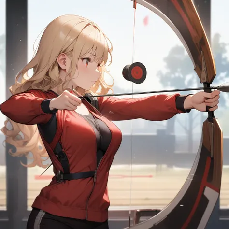 (A female archer at a shooting range aiming a bow and arrow at a target in the distance:1.7), 1girl, Alone, blonde hair, curly hair, long hair, amber eyes, bow, arrow, archer pose, perfect body, (anatomically correct:1.1), side view, (Masterpiece:1.3), (Th...