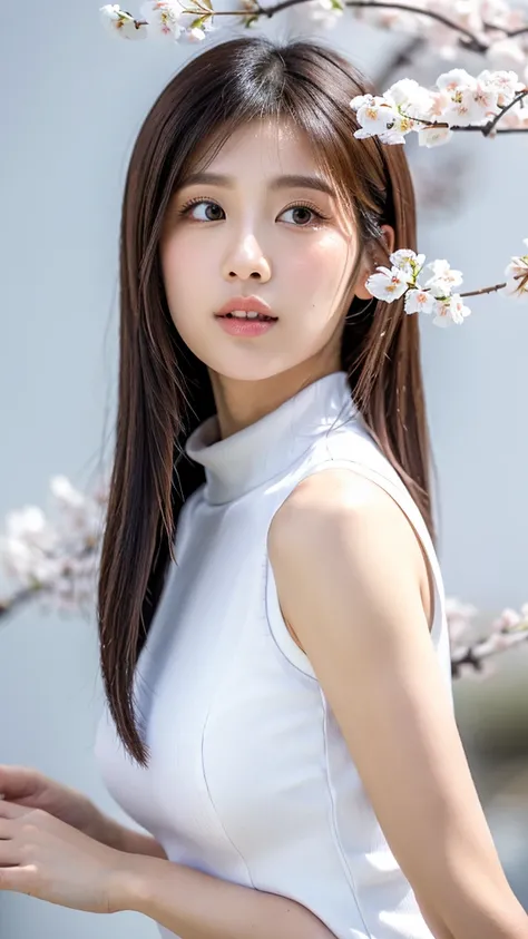 ((a white cherry blossom)),(detailed face),(crotch),normal breasts,pretty,sleeveless and turtle neck white silky clothes,4k ,super high resolution ,(photo-realistic: 1.7),white background,black long hair,