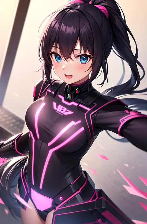 最high quality, high quality, 8K、High resolution,Highest quality、solo、Black Hair, ponytail, Open Mouth Smile, Secret spy,A heroine of justice wearing pink mecha cyber armor, modern mecha anime