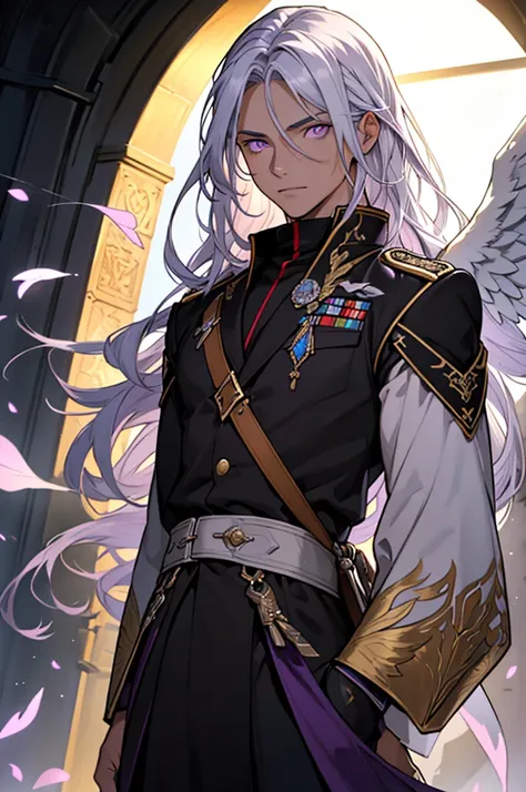 1 person, adult, ((young male)), Long wavy platinum hair, high, youthful, tan skin tone, Rothes Haar, glowing purple eyes, black feather wings, large wings reaching above head, Rafe, philosopher, Ernst, Exquisite military uniform, military style clothing, ...