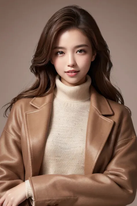 (Highest quality、masterpiece、8K、Best image quality、Hyperrealism、Award-winning works)、1 Girl、(A perfect and elegant brown coat made from heavy Melton fabric.:1.3)、The perfect pink turtleneck knit sweater、(wearing a knitted sweater under one&#39;s coat:1.1)、...