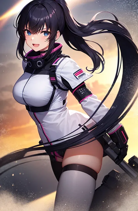 最high quality, high quality, 8K、High resolution,Highest quality、solo、Black Hair, ponytail, Open Mouth Smile, Secret spy,A heroine of justice wearing pink mecha cyber armor