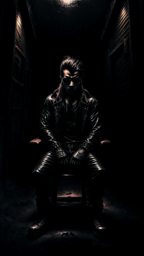 a stylish korean man with long hair tied in bun, wearing black round sunglasses, black leather gloves, dark clothing, sitting on a chair in a dark environment, dynamic point of view, best quality, ultra-detailed, photorealistic, vivid colors, dramatic ligh...