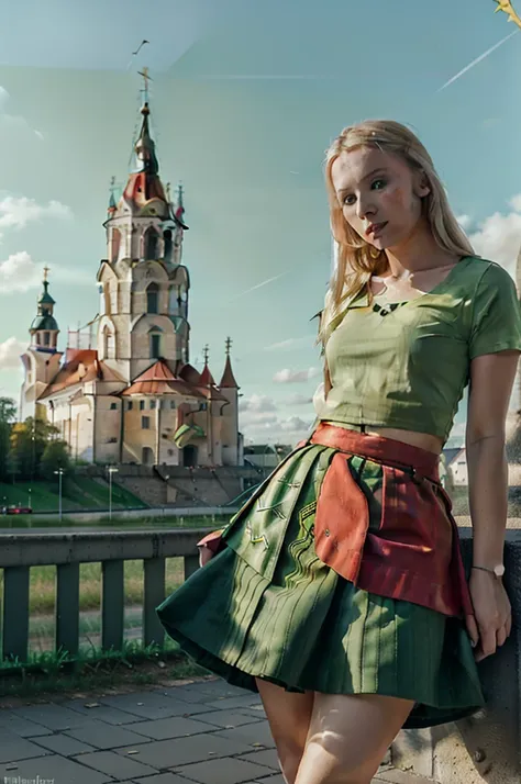 lituania, pretty women blonde, ((in vilnius city)), (((the vilnius cathedrale tower))), (((wear a green top)), (((wear a red ski...