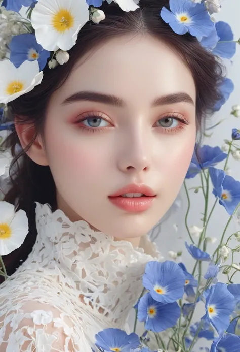 feminine,High detail and quality、8K Ultra HD、3d、Beautiful woman,Fuller lips、Nemophila,Fashion magazine cover,Seamless patterns、Neutral pastel colors,Mysterious off-white world,Cloth Art、Art Station、A variety of detailed pastel designs combining magic and f...