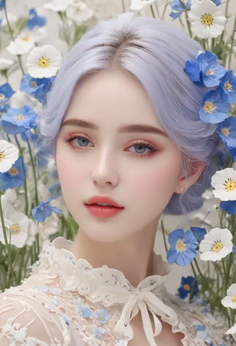 feminine,High detail and quality、8K Ultra HD、3d、Beautiful woman,Fuller lips、Nemophila,Fashion magazine cover,Seamless patterns、Neutral pastel colors,Mysterious off-white world,Cloth Art、Art Station、A variety of detailed pastel designs combining magic and f...