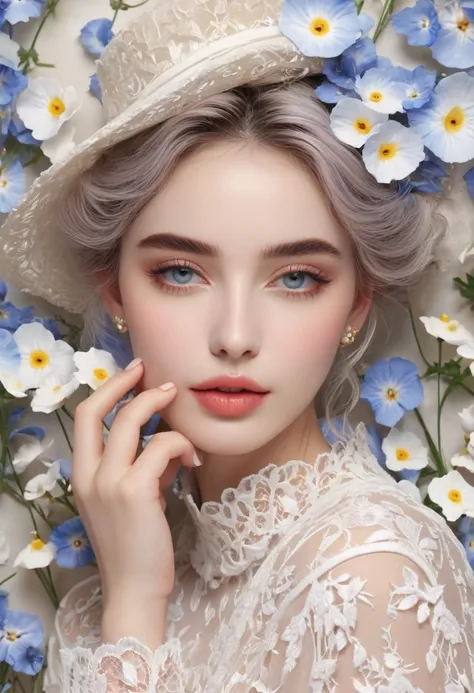 feminine,High detail and quality、8K Ultra HD、3d、Beautiful woman,Fuller lips、Nemophila,Fashion magazine cover,Seamless patterns、Neutral pastel colors,Mysterious off-white world,Cloth Art、Art Station、A variety of detailed pastel designs combining magic and f...