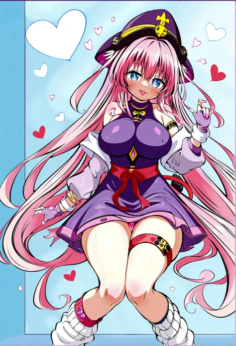 To Love-Ru、Purple off-the-shoulder mini skirt dress、Pink Hair、Big Breasts、Light purple loose socks、Provocative look、Raw thighs、Light blue eyes、Leg band on right thigh only、Are standing、Light pink gloves、Simple clothes