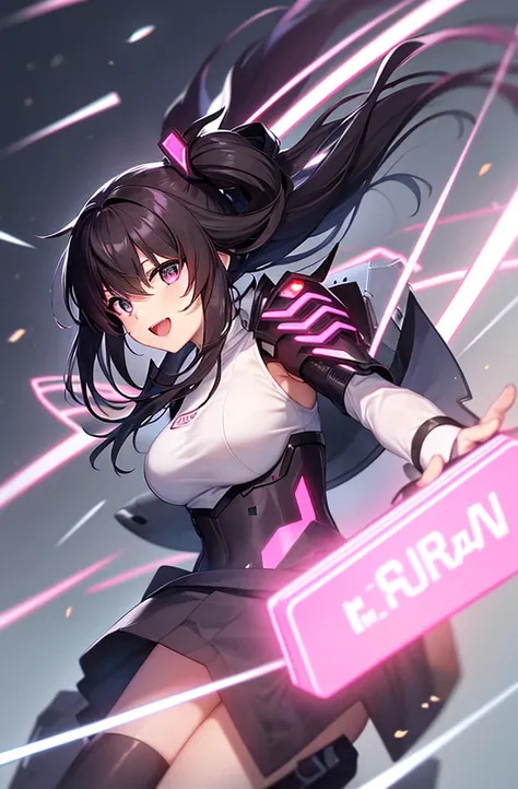 最high quality, high quality, 8K、High resolution,Highest quality、solo、Black Hair, Open Mouth Smile, A heroine of justice wearing pink mecha cyber armor