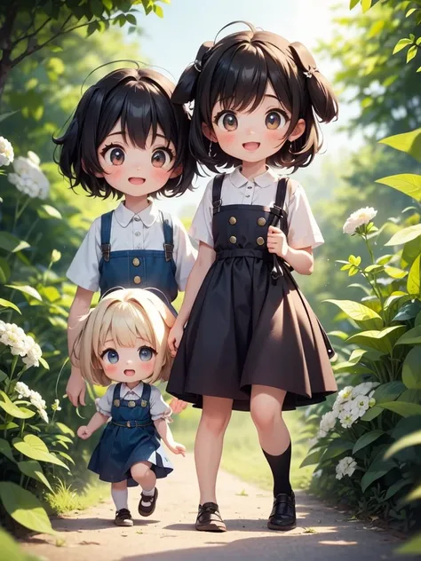 Two Girls、Very close sisters、Walk hand in hand、Having fun and being excited、They both walk with a bounce、Shortcuts、Braided Bob、Happy smile、A cute, cool sleeveless dress、Walking alongside a large dog、Nothing in my hands、Watching the audience、(Quadrupedal Do...