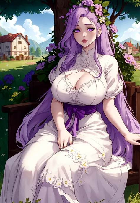 A woman with very long straight light purple hair, beautiful torn light purple eyes, light pink lips, pale white skin, Big breasts, thin waist, big hips, granary,  vintage yellow flower dress, sitting under a tree, summer, stardew valley style 