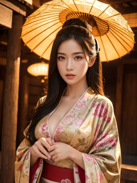 big breasted japanese woman in elaborate kimono, ornate shrine, cinematic atmosphere, (best quality,4k,8k,highres,masterpiece:1.2),ultra-detailed,(realistic,photorealistic,photo-realistic:1.37),(looking at viewer),highly detailed face,beautiful detailed ey...