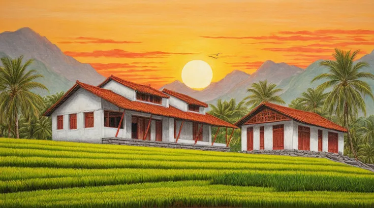 masterpiece, best quality, xiangcun,a rural Vietnamese countryside with tiled roofs, white walls, Tropical coconut trees, gentle afternoon sunset, red tiles,surrounded by green trees and rice fields, hand-drawn style with black pencil on white background