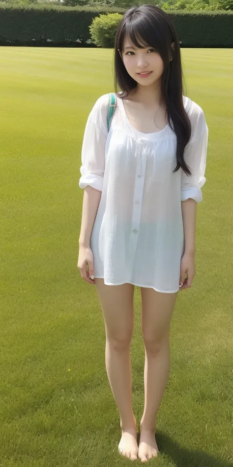 Full body standing upright on grass barefoot、cute、20-year-old、Japanese