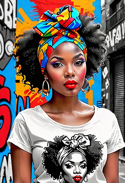 black and white sketch of a black beautiful young woman with vivid red lipstick, afro hair and colorful head wrap, set against a...