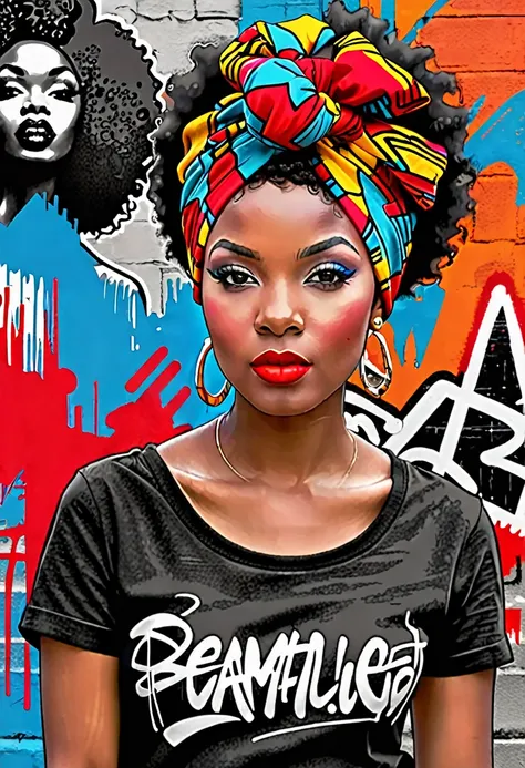 black and white sketch of a black beautiful young woman with vivid red lipstick, afro hair and colorful head wrap, set against a...