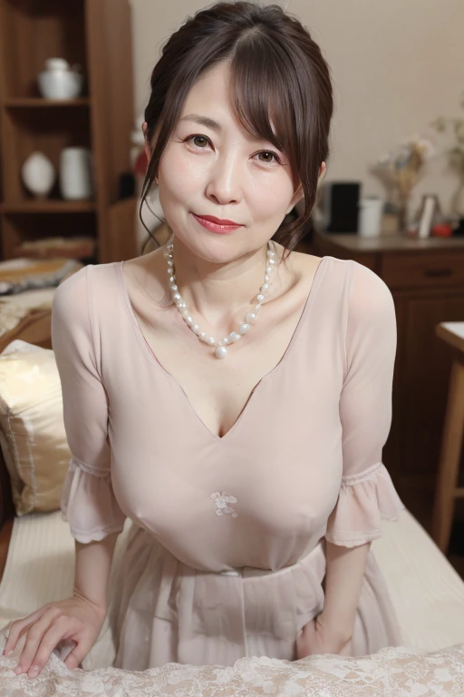 Beautiful mature Japanese woman aged 55, Married women, have fine wrinkles, Long eyelashes, Sparkling eyes, Low ponytail, Red lipstick, elegant, Great body, Pearl Necklace, photograph, Sensual pose, Viewer discretion advised