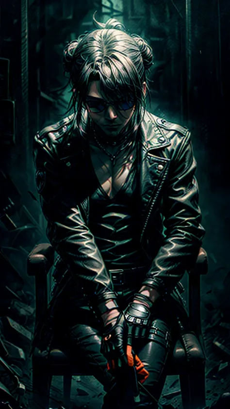 a stylish korean man with long hair tied in bun, wearing black round sunglasses, black leather gloves, dark clothing, sitting on a chair in a dark environment, dynamic point of view, best quality, ultra-detailed, photorealistic, vivid colors, dramatic ligh...