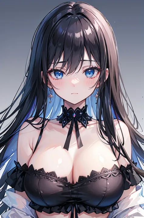 (masterpiece), best quality, expressive eyes, perfect face, black hair, blush, black choker, blue eyes, shoulder showing, happy, chest showing, bikini