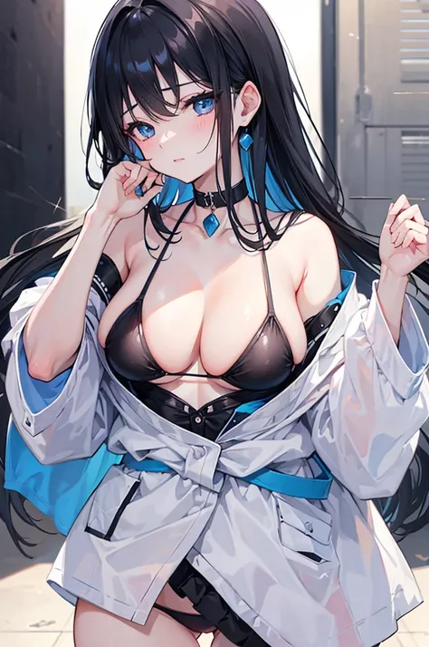 (masterpiece), best quality, expressive eyes, perfect face, black hair, blush, black choker, blue eyes, shoulder showing, happy, chest showing, bikini