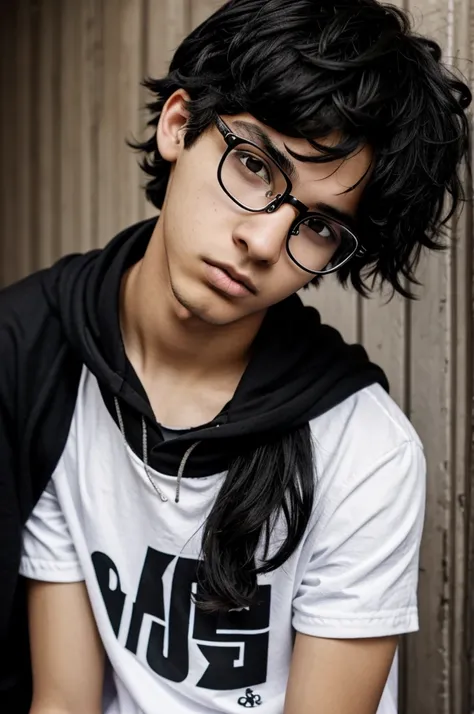 16 year old boy, messy black hair, lower lip and nose piercing, with glasses, tez blanca, slightly adorable appearance and with a dark emo style