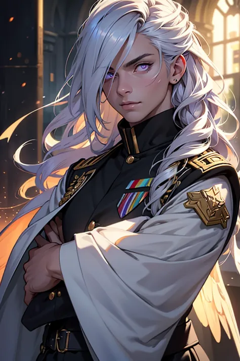 1 young male with long wavy platinum hair, youthful tan skin,glowing purple eyes,black colored wings,exquisite military uniform,philosopher,Ernst,Rafe,dynamic light source,(best quality,4k,8k,highres,masterpiece:1.2),ultra-detailed,(realistic,photorealisti...