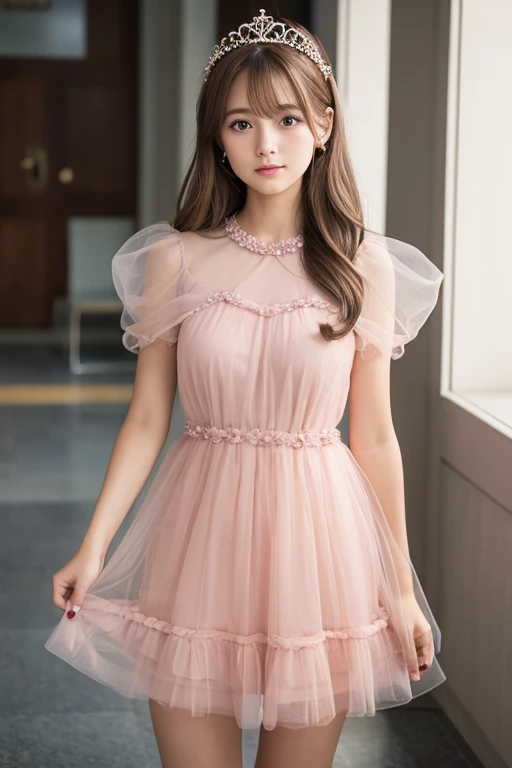 A brown-haired woman wearing a light pink dress and a tiara、The whole body is visible