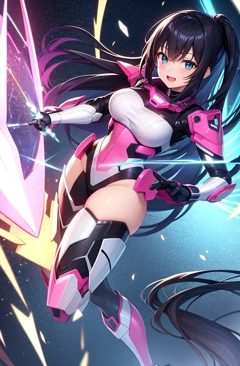 最high quality, high quality, 8K、High resolution,Highest quality、solo、A large heroine of justice wearing pink mecha cyber armor.、Black Hair, Open Mouth Smile, Thighs