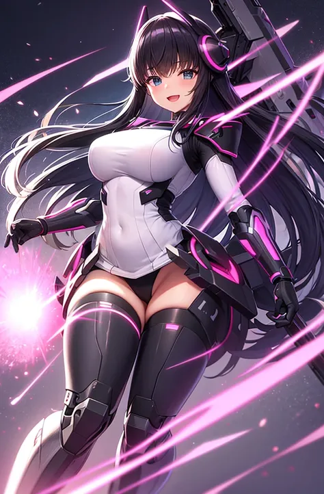 最high quality, high quality, 8K、High resolution,Highest quality、solo、A large heroine of justice wearing pink mecha cyber armor.、Black Hair, Open Mouth Smile, Thighs