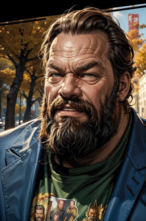 Bud Spencer, portrait, muscular old man in park, happy, autumn, suits, vector, mwvector