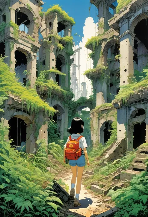 Draw a scene in the style of Katsuhiro Otomo, depicting a full-bodied girl exploring some dilapidated ruins. Behind her are crumbling buildings and overgrown weeds, and she carefully looks around as she moves forward.