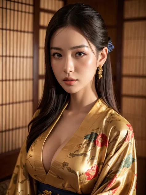 big breasted japanese woman in elaborate kimono, ornate shrine, cinematic atmosphere, (best quality,4k,8k,highres,masterpiece:1.2),ultra-detailed,(realistic,photorealistic,photo-realistic:1.37),(looking at viewer),highly detailed face,beautiful detailed ey...