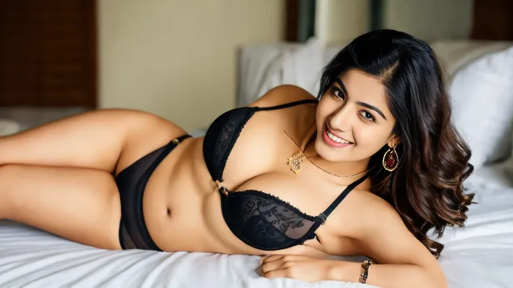 A Thick Busty Curvy pakistani girl wear black bra , looking_at_viewer, smile,realistic, necklace, earrings, cleavage_cutout, on bed ,full portrait of girl, navel , legs , red bindi on forehead, bathrooom