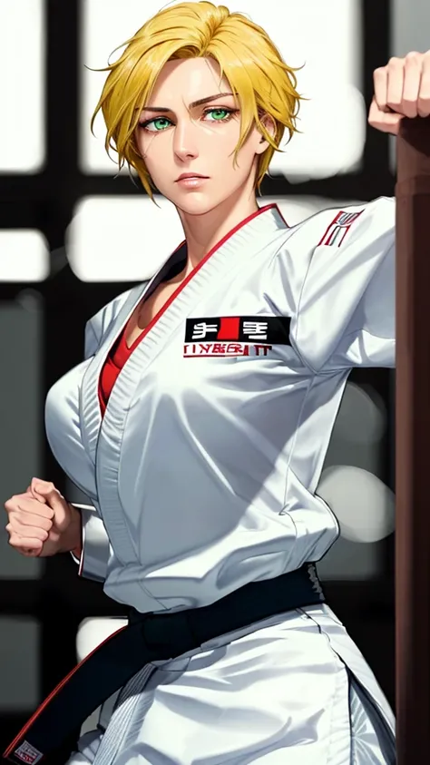 ((((masterpiece, best quality, high resolution)))), Extremely detailed 8K, 1 female, wearing a white Karate gi, (Ultra HD, Ultra-detailed, Highly detailed, Highly realistic, Ultra-realistic, photograph realistic), (1girl:1.5), (Realistic yellow hair), (dyn...