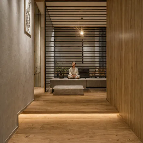 Raw photo, Masterpiece, high quality, best quality, authentic, super detail, interior, indoors,  style modern, minimalist line, wooden, oak wood, led light, beige paint wall, sofa, atrium, LIVING ROOM, PEN HOUSE, kitchen, island kitchen, alu window, japan ...