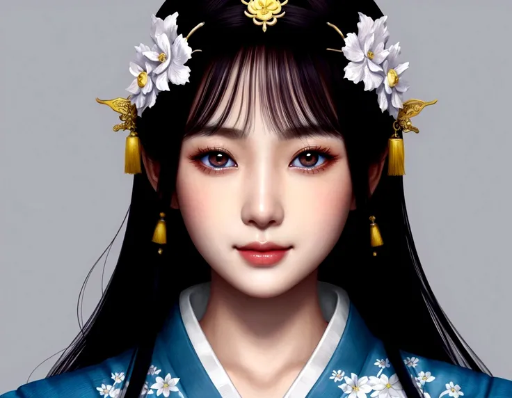 beautiful detailed eyes, beautiful detailed lips, extremely detailed eyes and face, long eyelashes, 1 girl, blue kimono, white background, palace, hanfu, artwork in the style of Gueweiz, beautiful artwork illustration, intricate digital illustration, beaut...