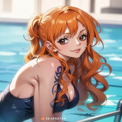 1girl, solo, breasts, long_hair, looking_at_viewer, orange_hair, smile, pool, cleavage, swimsuit, nami_(one_piece), brown_eyes, closed_mouth, large_breasts, upper_body, one-piece_swimsuit, water, blurry_background, wet, lips, bare_shoulders, bangs, blurry