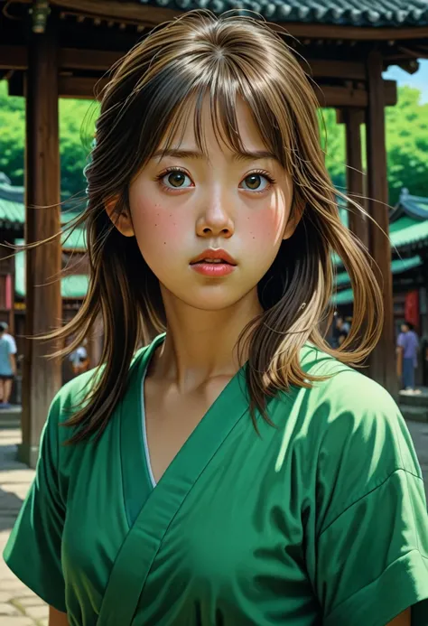 Spirited Away,Strong gaze,tension,Perfect composition,masterpiece,Highest quality,Outdoor,green,Natural light,Fresh,Vivid contrast,Bright colors,Hyperrealism art movie film stills with detailed hyperrealism photography style,