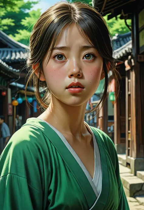 spirited away,strong gaze,tension,perfect composition,masterpiece,highest quality,outdoor,green,natural light,fresh,vivid contra...