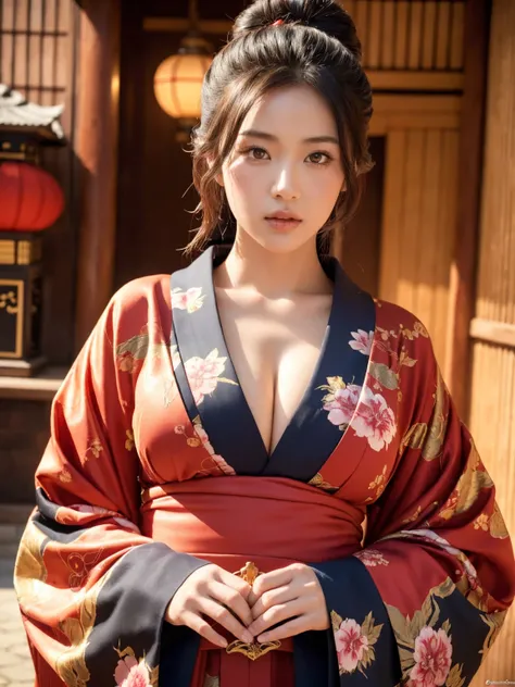 big breasted japanese woman in elaborate kimono, ornate shrine, cinematic atmosphere, (best quality,4k,8k,highres,masterpiece:1.2),ultra-detailed,(realistic,photorealistic,photo-realistic:1.37),(looking at viewer),highly detailed face,beautiful detailed ey...