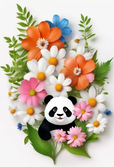 yj,flower,white flower,pink flower,leaf,white background,simple background,daisy,blue flower,realistic,orange flower,panda illus...