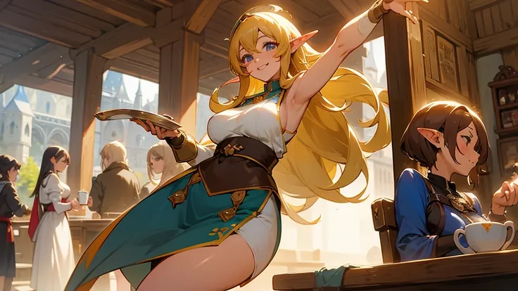 Anime Style,Nostalgic,Detailed background,The medieval world,A lively coffee shop with lots of people,Smiling bard beautiful elf girl holding coffee,Large Breasts,Healthy thighs,Underarm