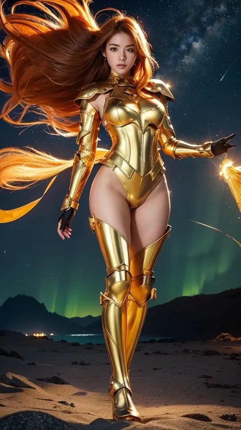 ((best quality)), ((masterpiece)), (ultra detailed lights), ((full body shot)), ((skinny body)), indonesian girl, extremely beautiful, ((slim body)), thighs gap, ultra face details, 20 years old, ((orange curvy-hair)), ((hair blown by strong winds :1.3)), ...